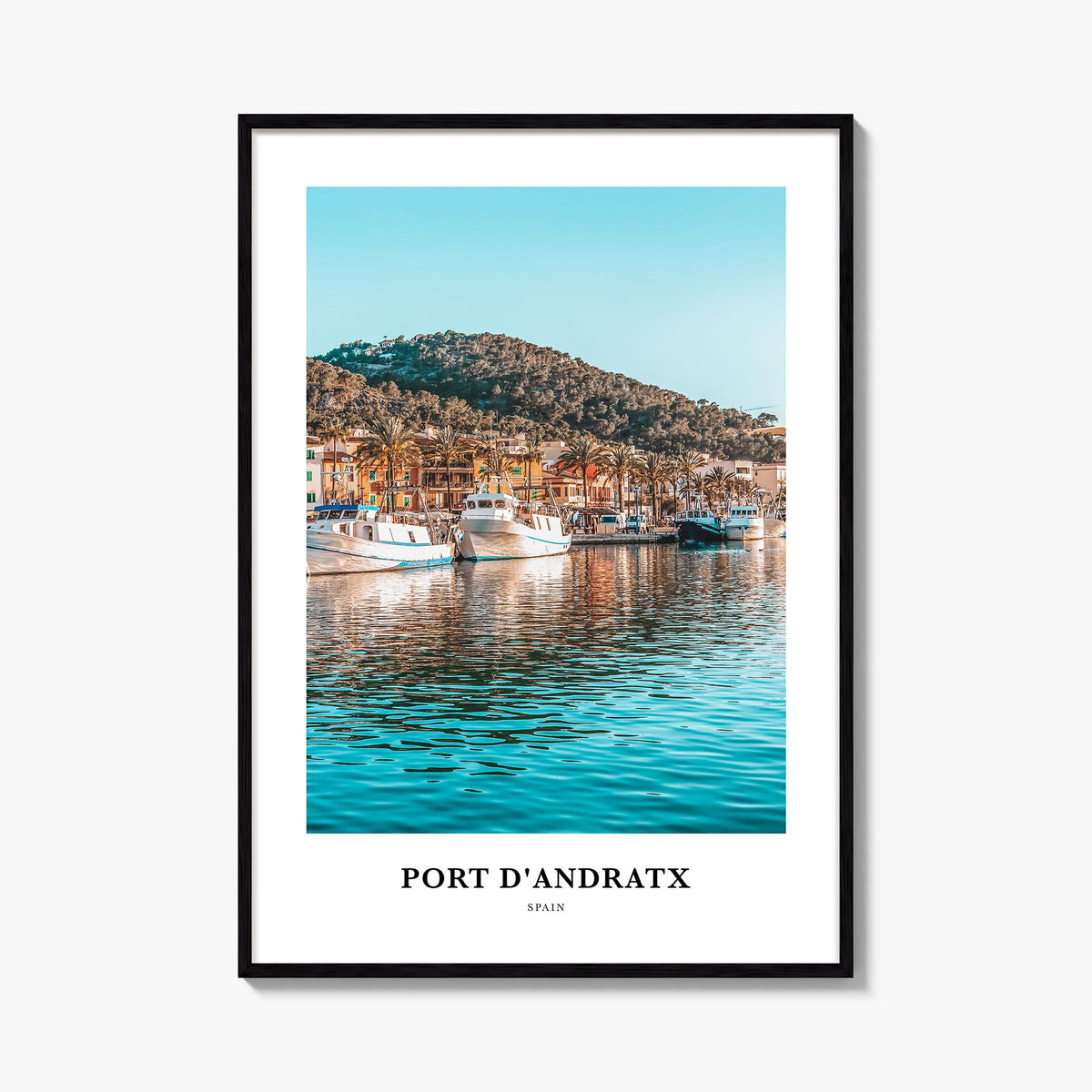 Port d'Andratx colorful classic poster of Spain – vertical wall art, unframed print shown in interior mockup