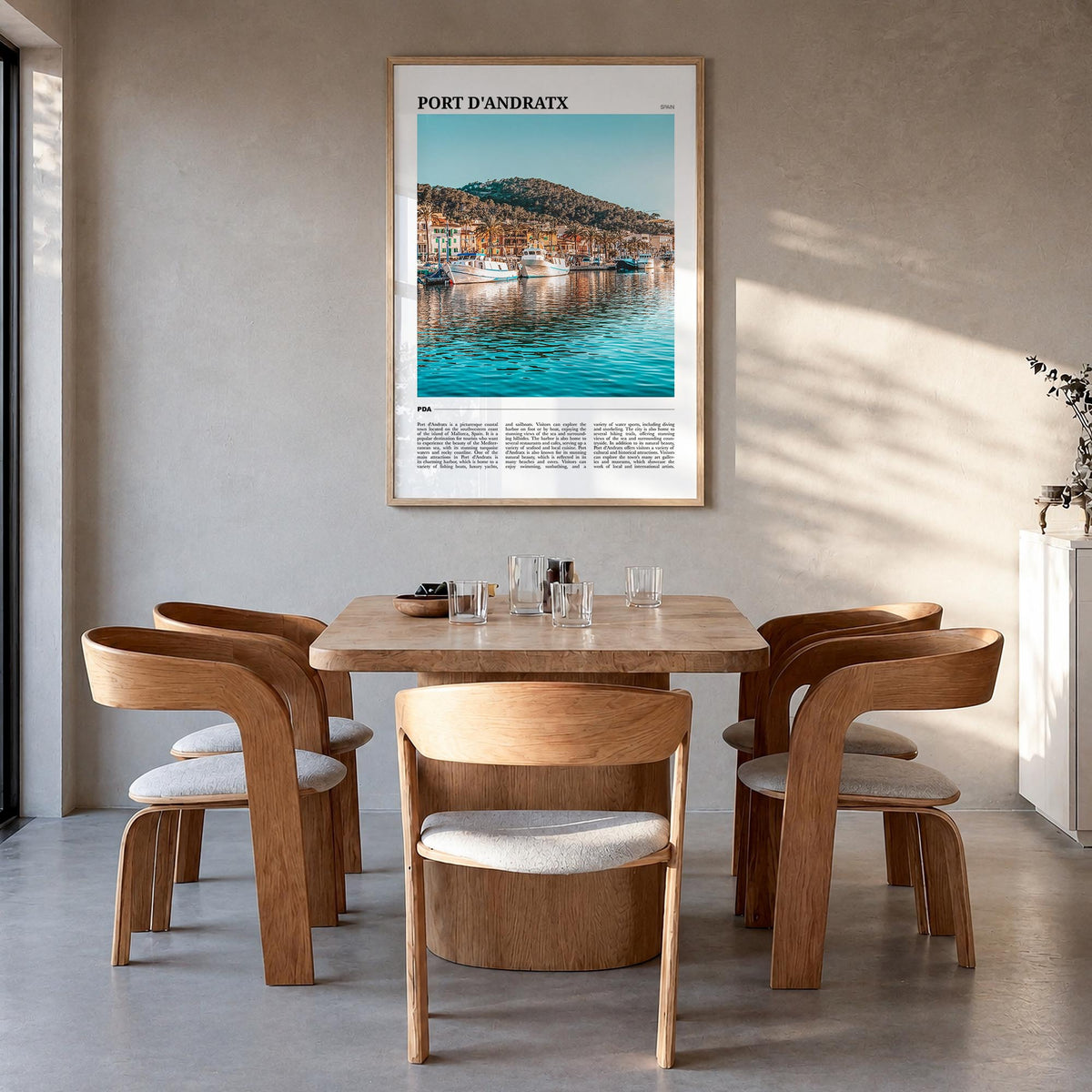 Port d'Andratx colorful travel poster of Spain – vertical wall art in natural wood frame, hanging on wall