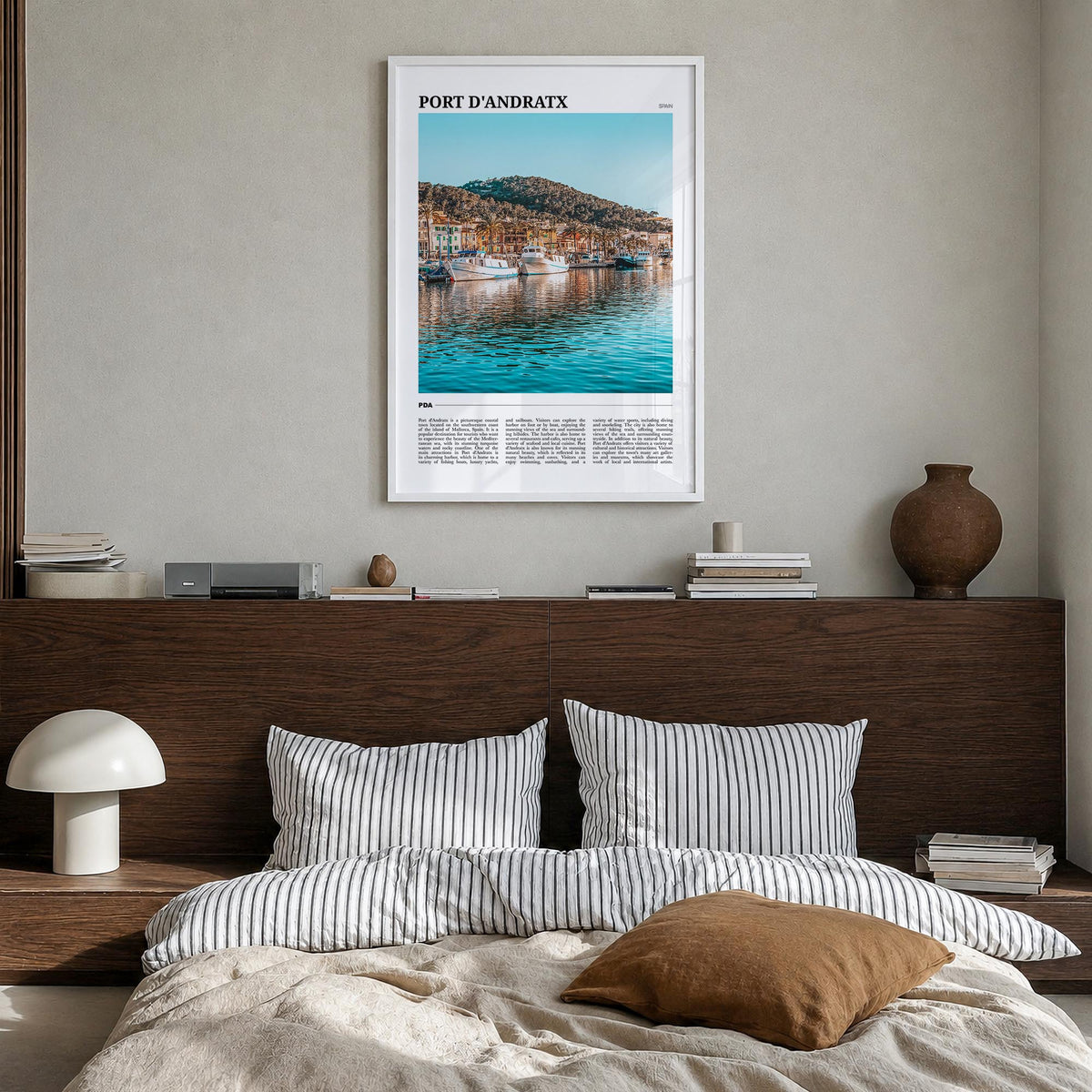 Port d'Andratx colorful travel poster of Spain – vertical wall art in white wood frame, hanging on wall