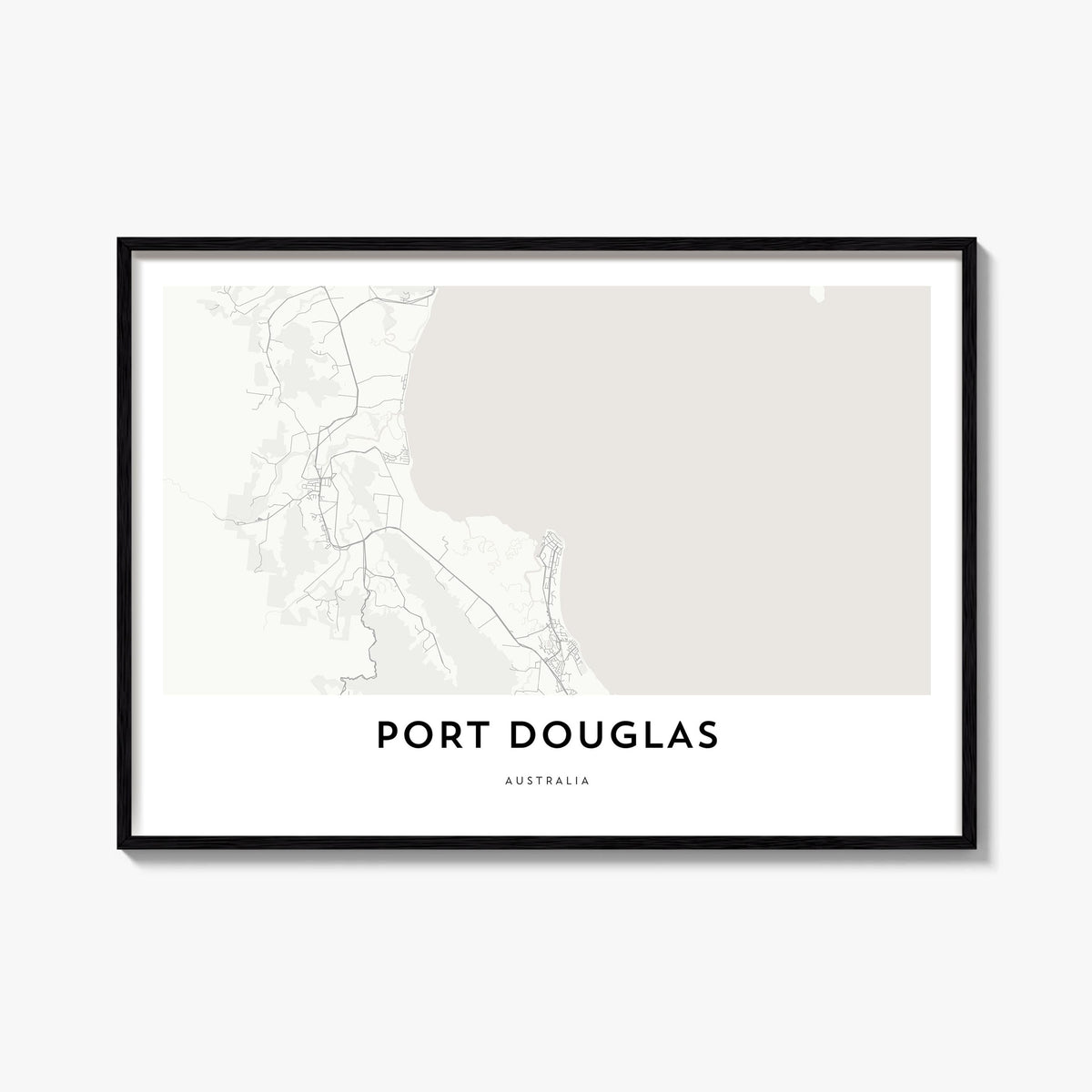 Port Douglas black & white map poster of Queensland, Australia – horizontal wall art, unframed print shown in interior mockup