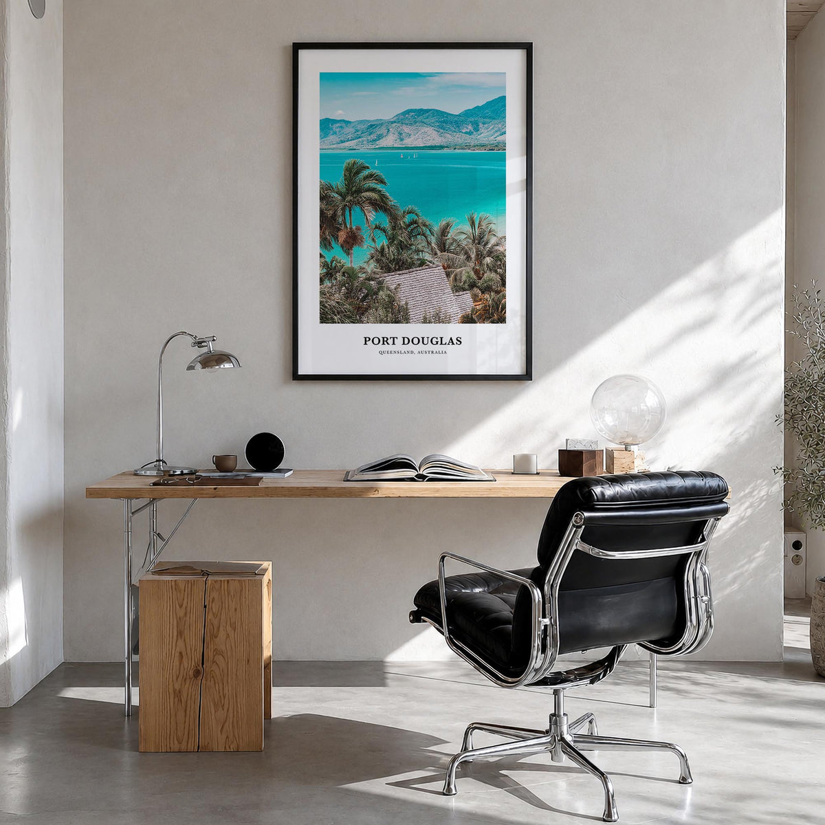 Port Douglas colorful classic poster of Queensland, Australia – vertical wall art in black wood frame, hanging on wall