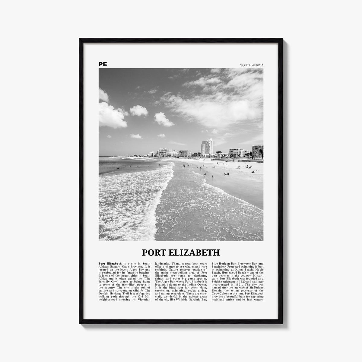 Port Elizabeth black & white newspaper poster of South Africa – vertical wall art, unframed print shown in interior mockup