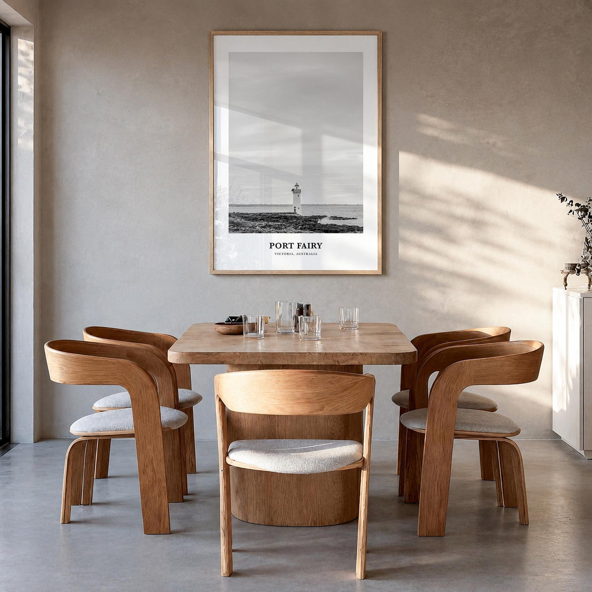 Port Fairy black & white classic poster of Victoria, Australia – vertical wall art in natural wood frame, hanging on wall