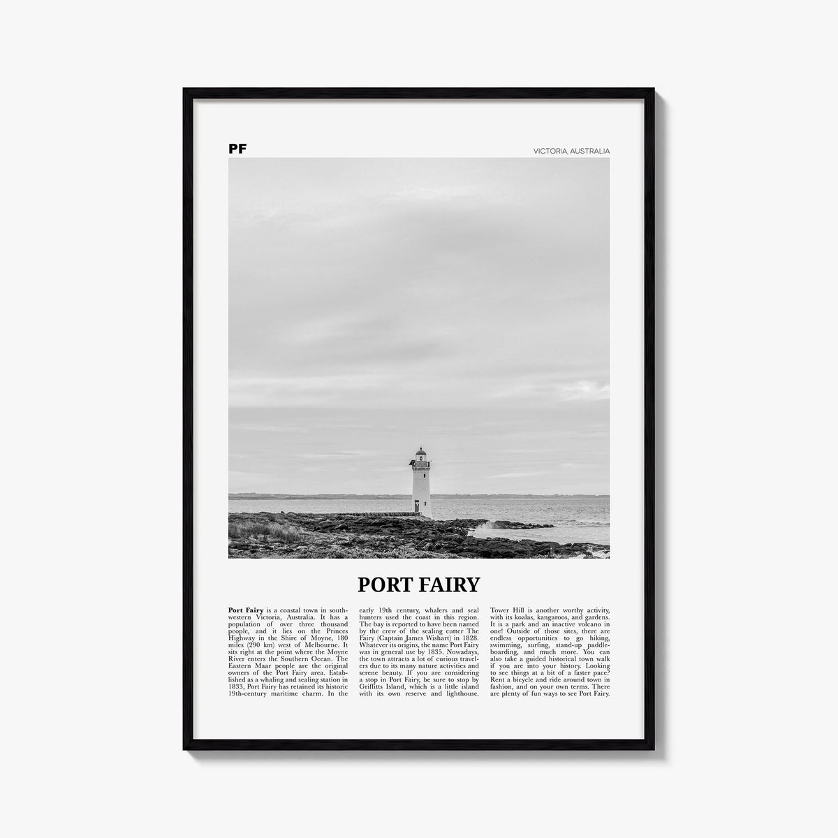 Port Fairy black & white newspaper poster of Victoria, Australia – vertical wall art, unframed print shown in interior mockup
