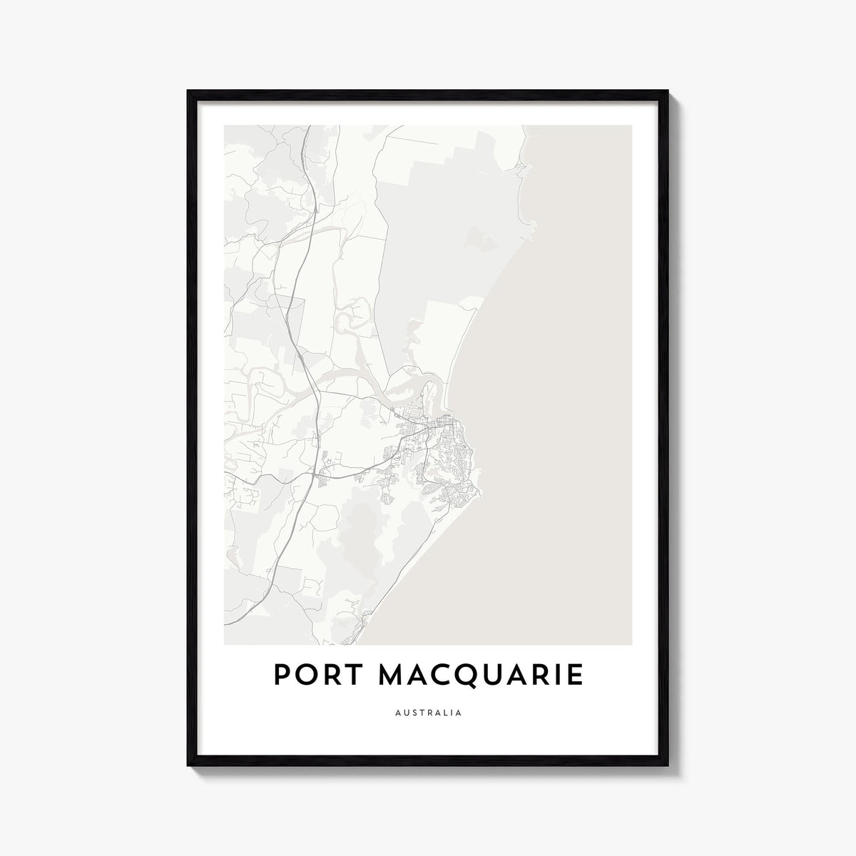 Port Macquarie black & white map poster of Australia – vertical wall art, unframed print shown in interior mockup