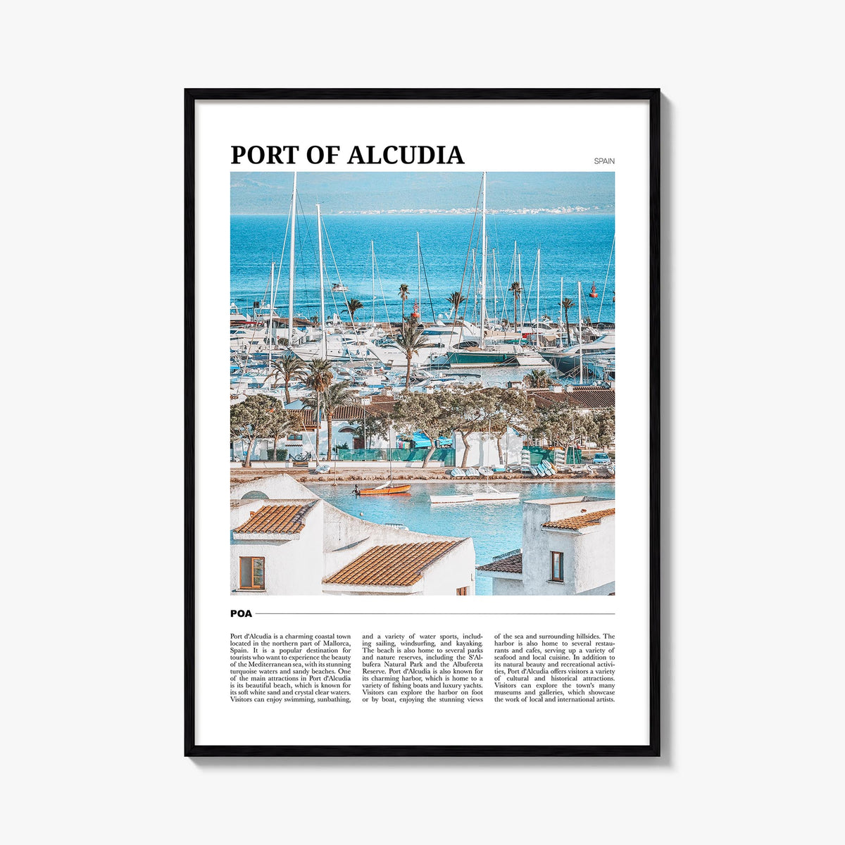 Port d'Alcúdia colorful travel poster of Spain – vertical wall art, unframed print shown in interior mockup