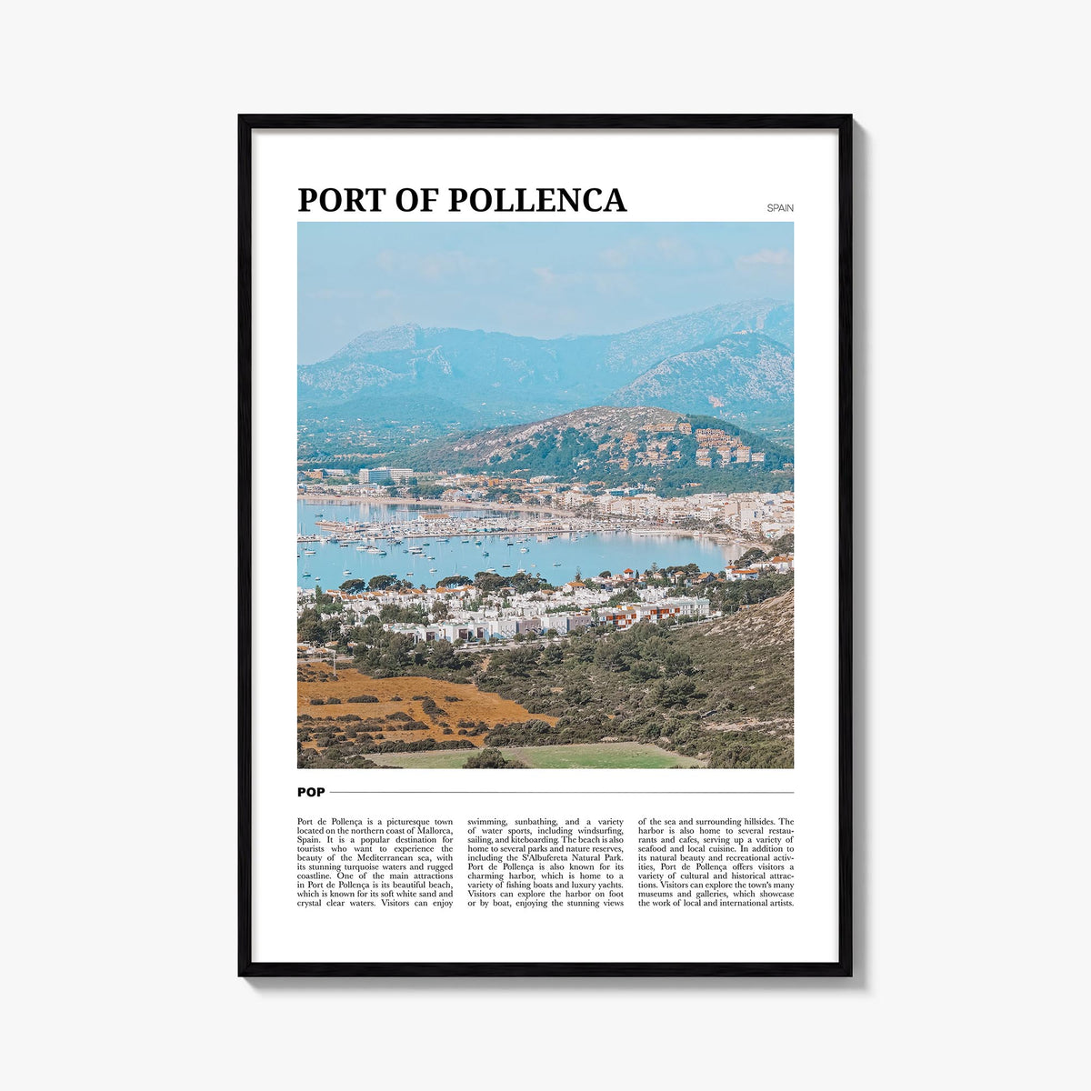 Port de Pollença colorful travel poster of Spain – vertical wall art, unframed print shown in interior mockup