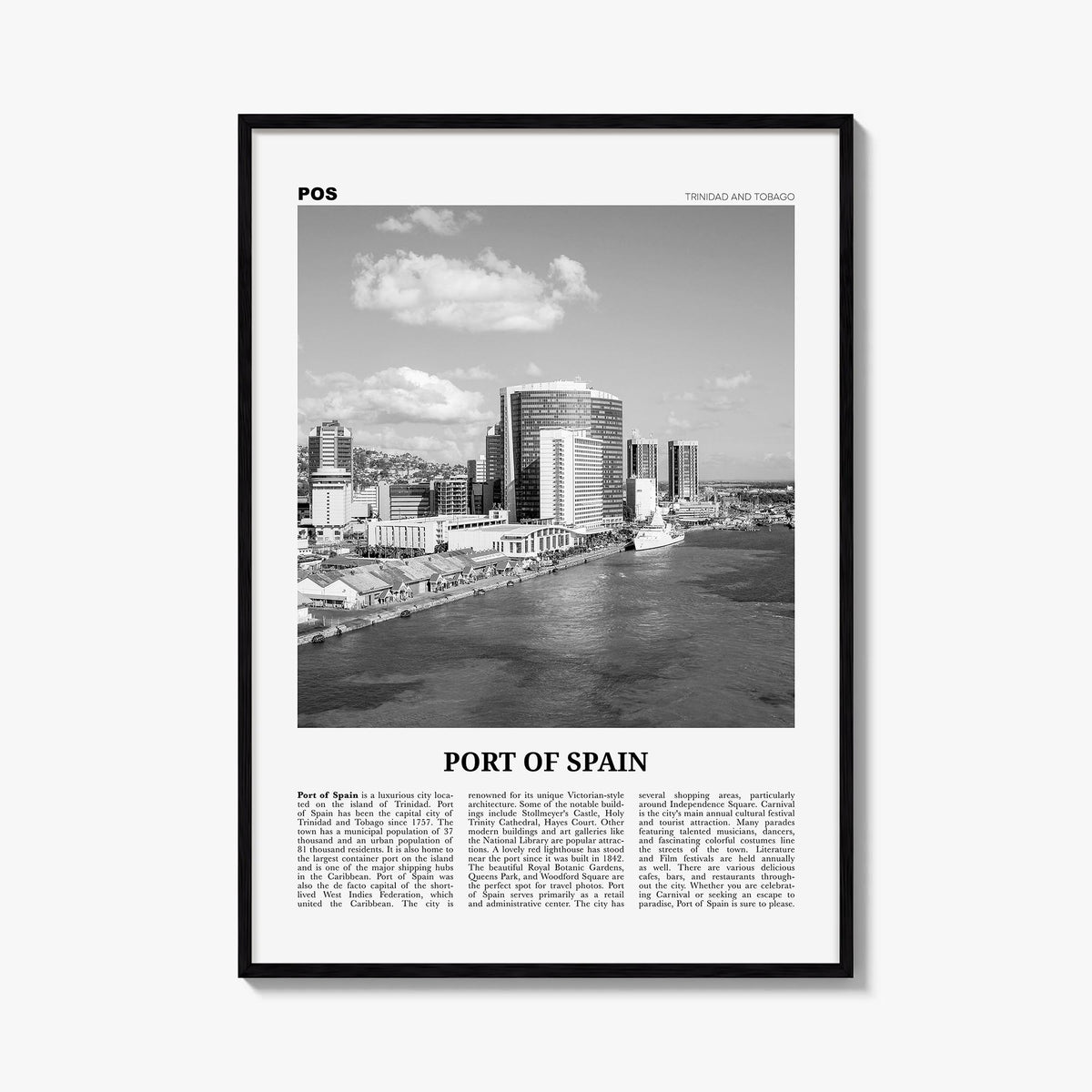 Port of Spain black & white newspaper poster of Trinidad and Tobago – vertical wall art, unframed print shown in interior moc