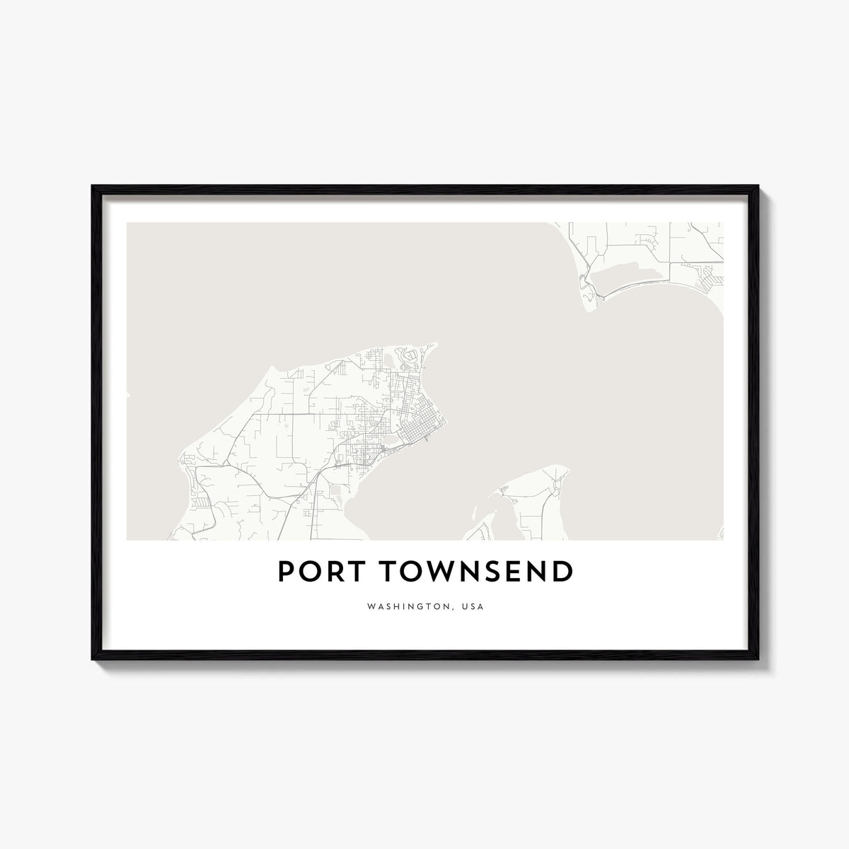 Port Townsend black & white map poster of Washington, USA – horizontal wall art, unframed print shown in interior mockup