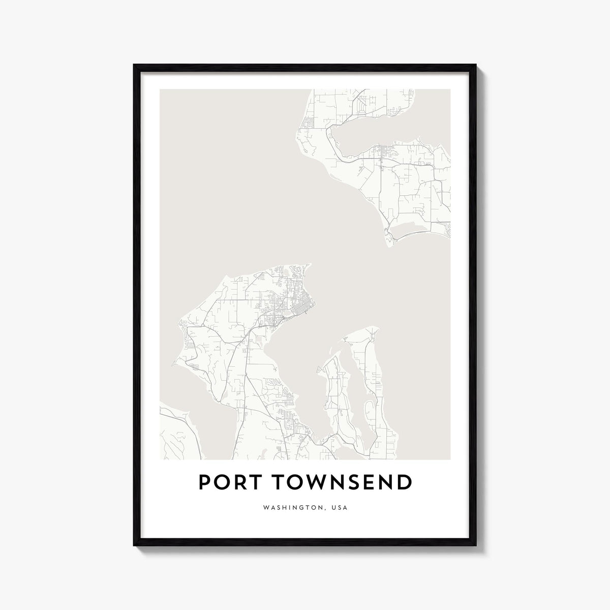 Port Townsend black & white map poster of Washington, USA – vertical wall art, unframed print shown in interior mockup