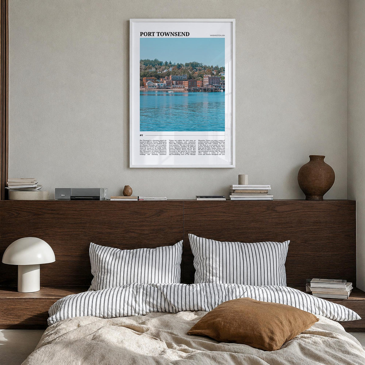 Port Townsend colorful travel poster of Washington, USA – vertical wall art in white wood frame, hanging on wall