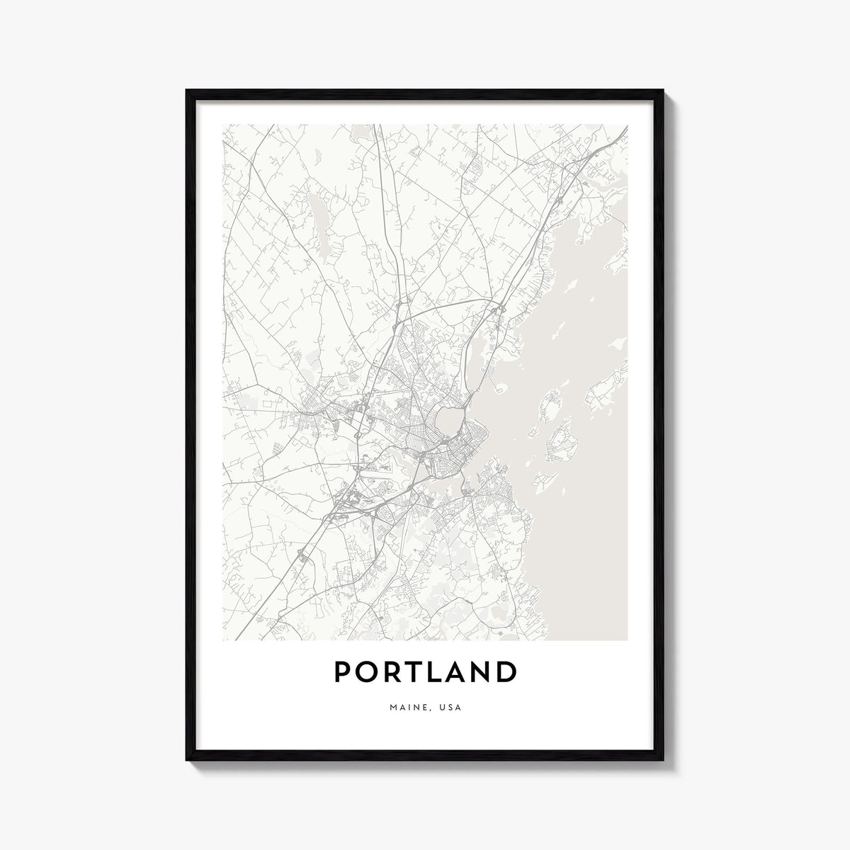 Portland, Maine black & white map poster of Maine, USA – vertical wall art, unframed print shown in interior mockup