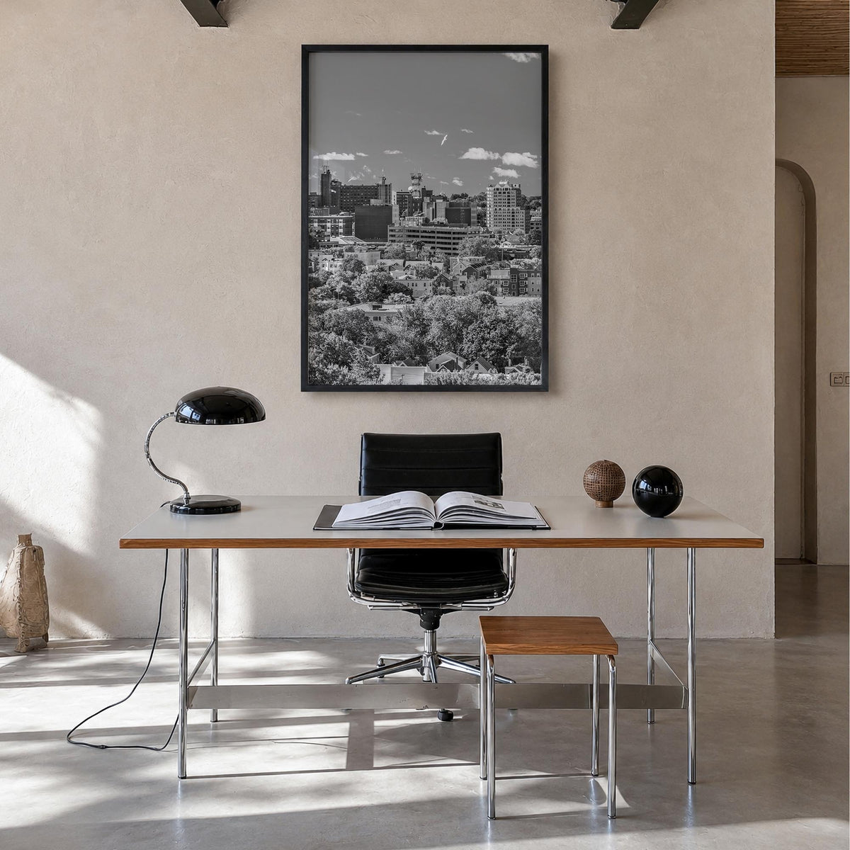 Portland, Maine black & white photo poster of Maine, USA – vertical wall art in black wood frame, hanging on wall