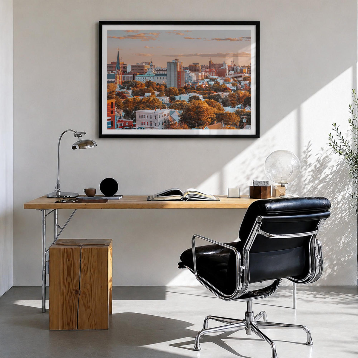 Portland, Maine colorful photo poster of Maine, USA – horizontal wall art in black wood frame with white border, hanging on w