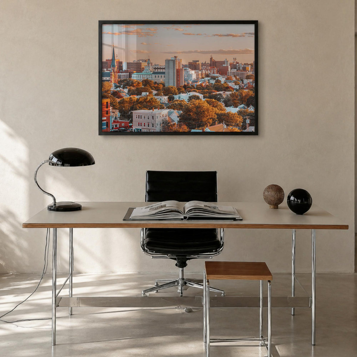 Portland, Maine colorful photo poster of Maine, USA – horizontal wall art in black wood frame, hanging on wall