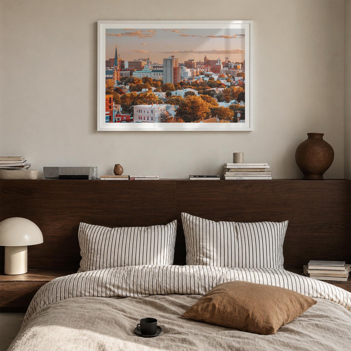 Portland, Maine colorful photo poster of Maine, USA – horizontal wall art in white wood frame with white border, hanging on w