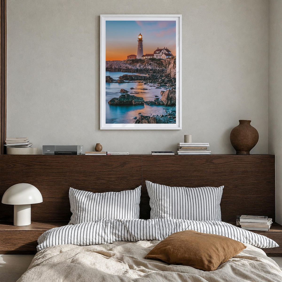 Portland, Maine no. 2 colorful photo poster of Maine, USA – vertical wall art in white wood frame with white border, hanging