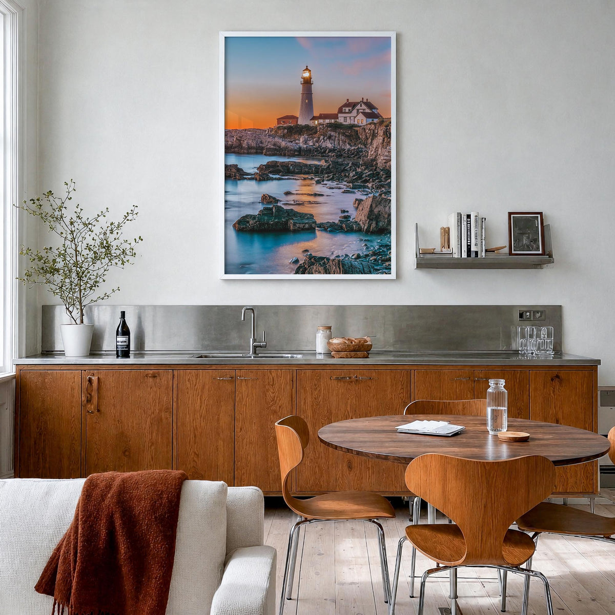 Portland, Maine no. 2 colorful photo poster of Maine, USA – vertical wall art in white wood frame, hanging on wall