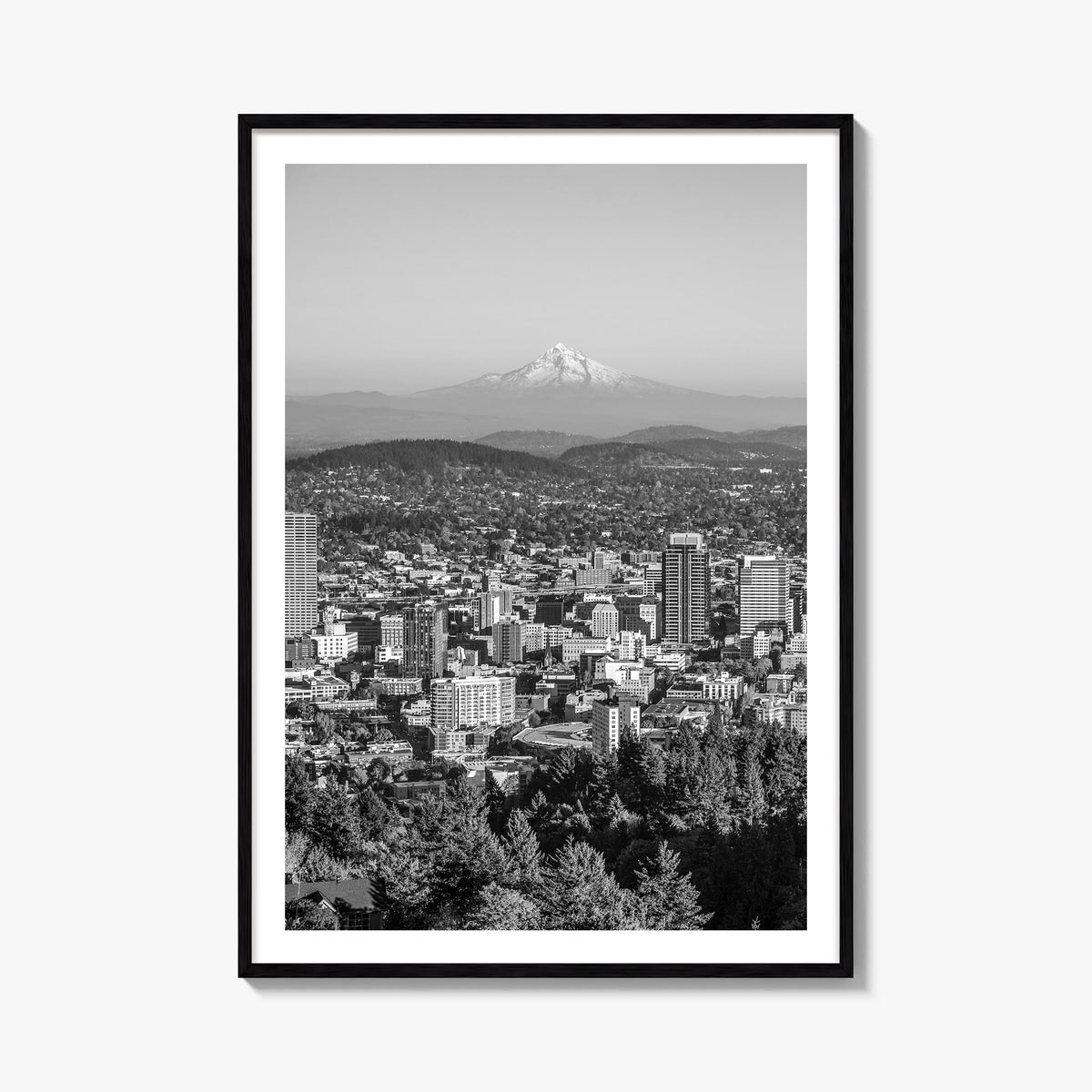 Portland, Oregon black & white photo poster of Oregon, USA – vertical wall art, unframed print shown in interior mockup
