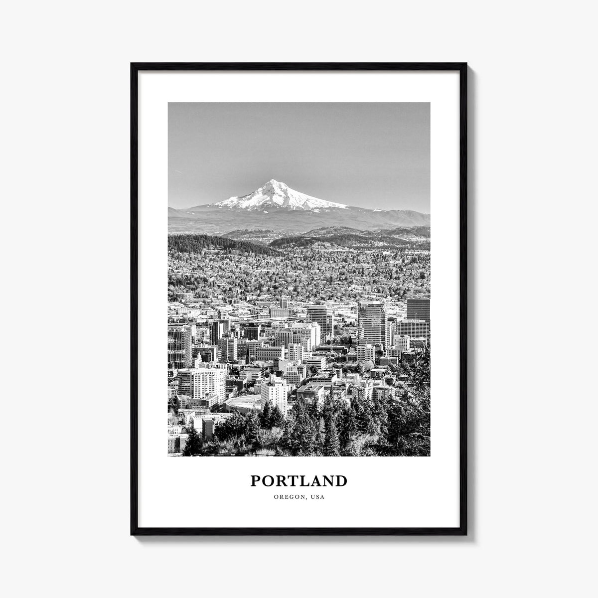 Portland, Oregon no. 2 black & white classic poster of Oregon, USA – vertical wall art, unframed print shown in interior mock