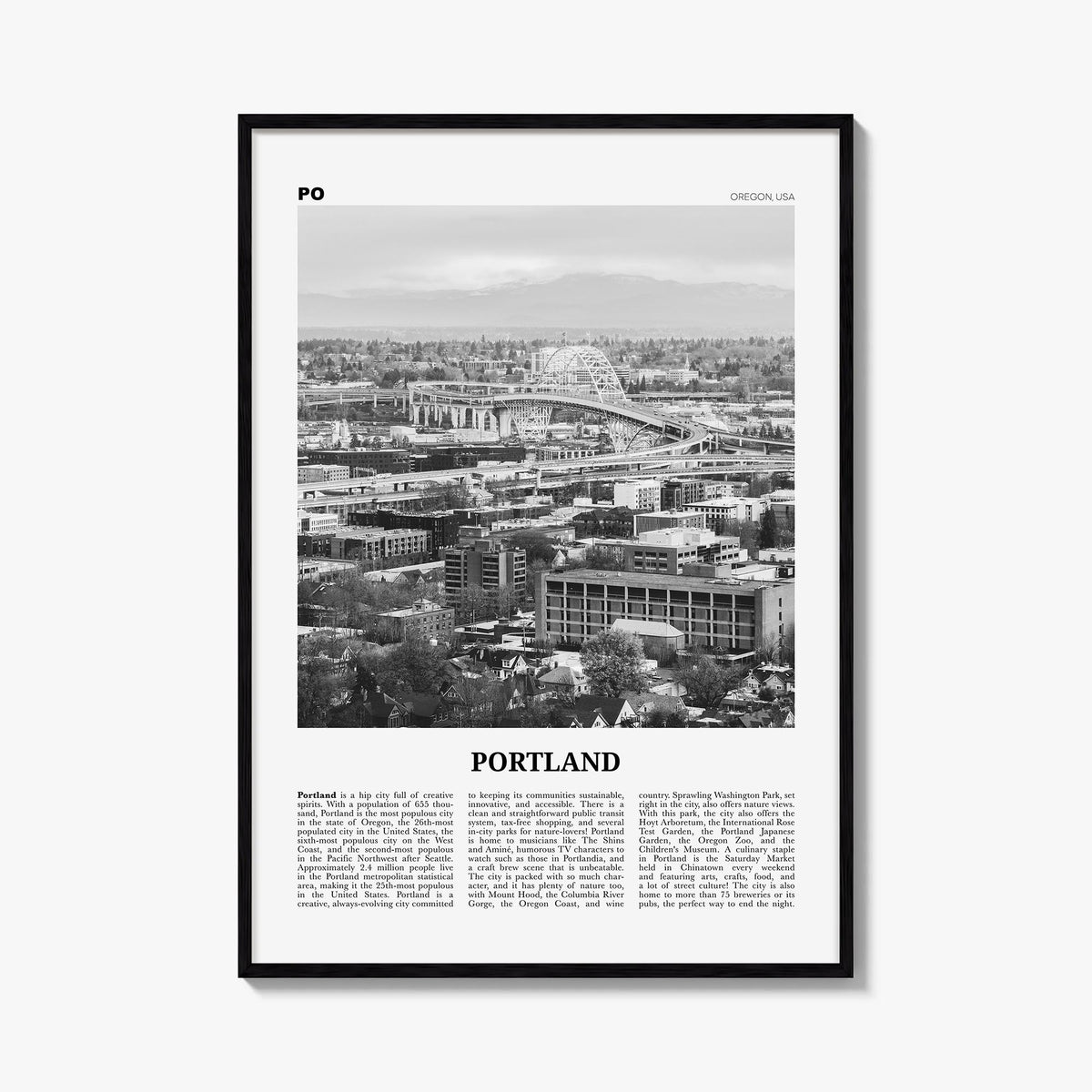 Portland, Oregon no. 2 black & white newspaper poster of Oregon, USA – vertical wall art, unframed print shown in interior mo