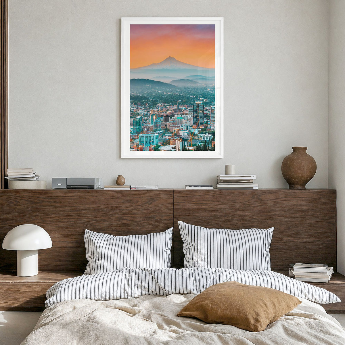 Portland, Oregon Photo Poster in a white wood frame, hanging in a bedroom, white border
