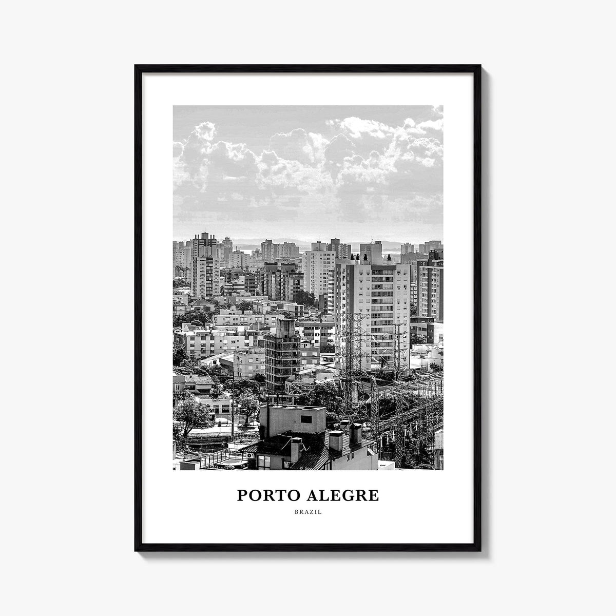 Porto Alegre black & white classic poster of Brazil – vertical wall art, unframed print shown in interior mockup