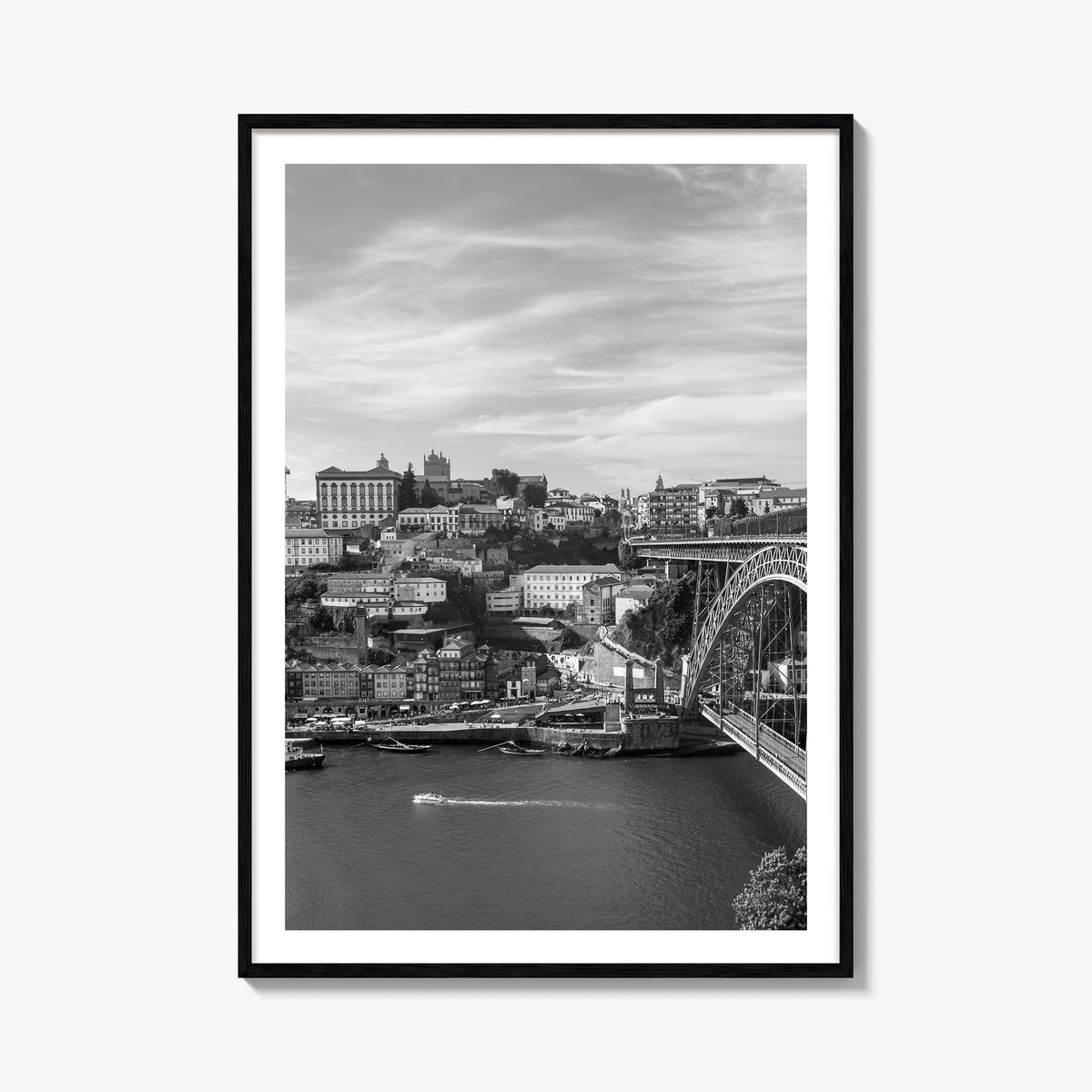 Porto black & white photo poster of Portugal – vertical wall art, unframed print shown in interior mockup