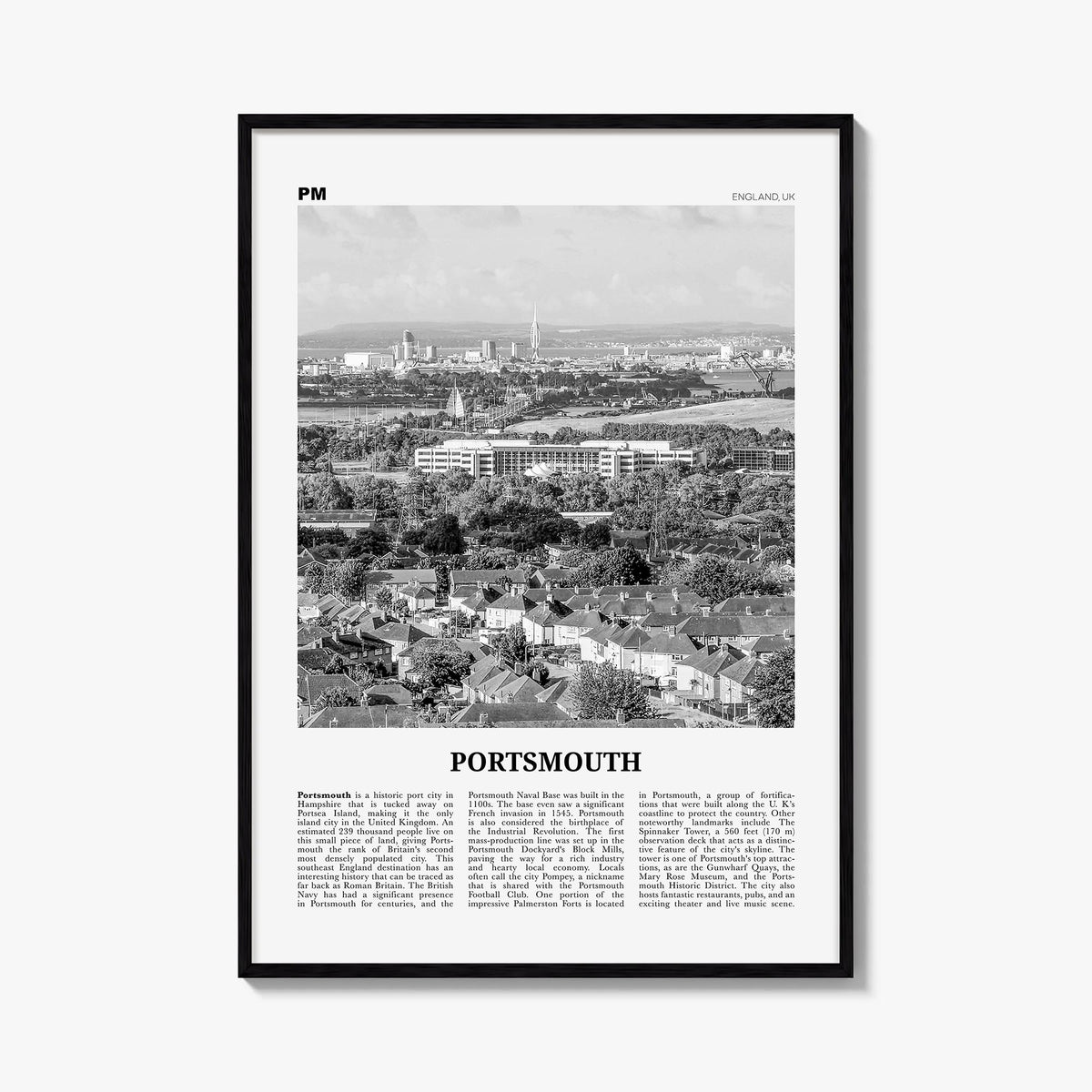 Portsmouth, England no. 2 black & white newspaper poster of England, UK – vertical wall art, unframed print shown in interior