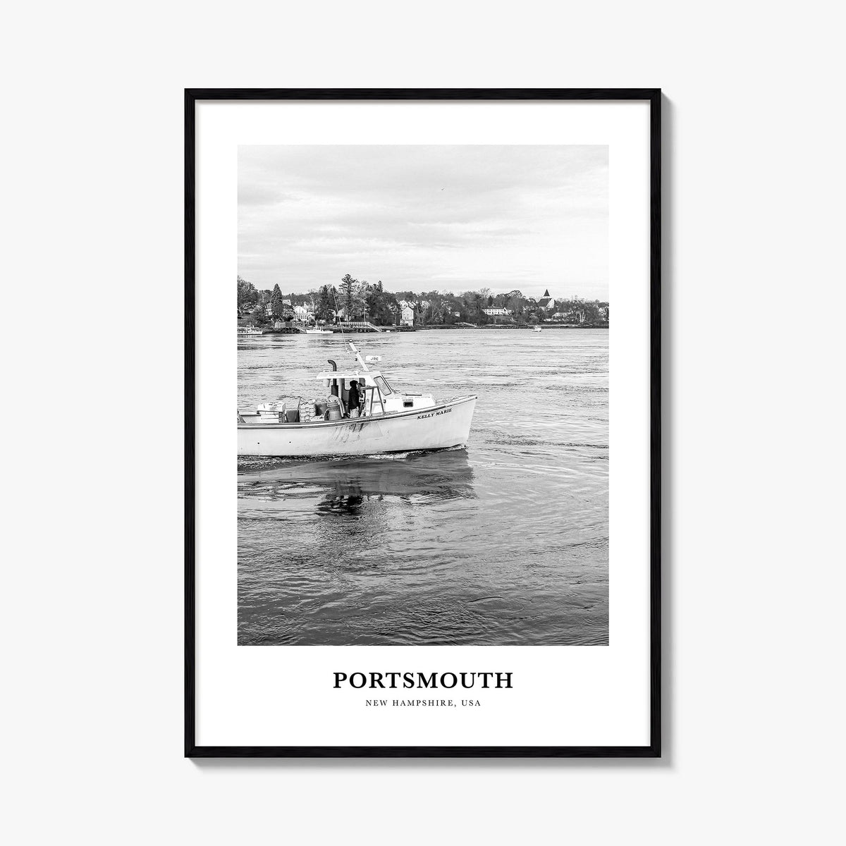 Portsmouth, New Hampshire black & white classic poster of New Hampshire, USA – vertical wall art, unframed print shown in int