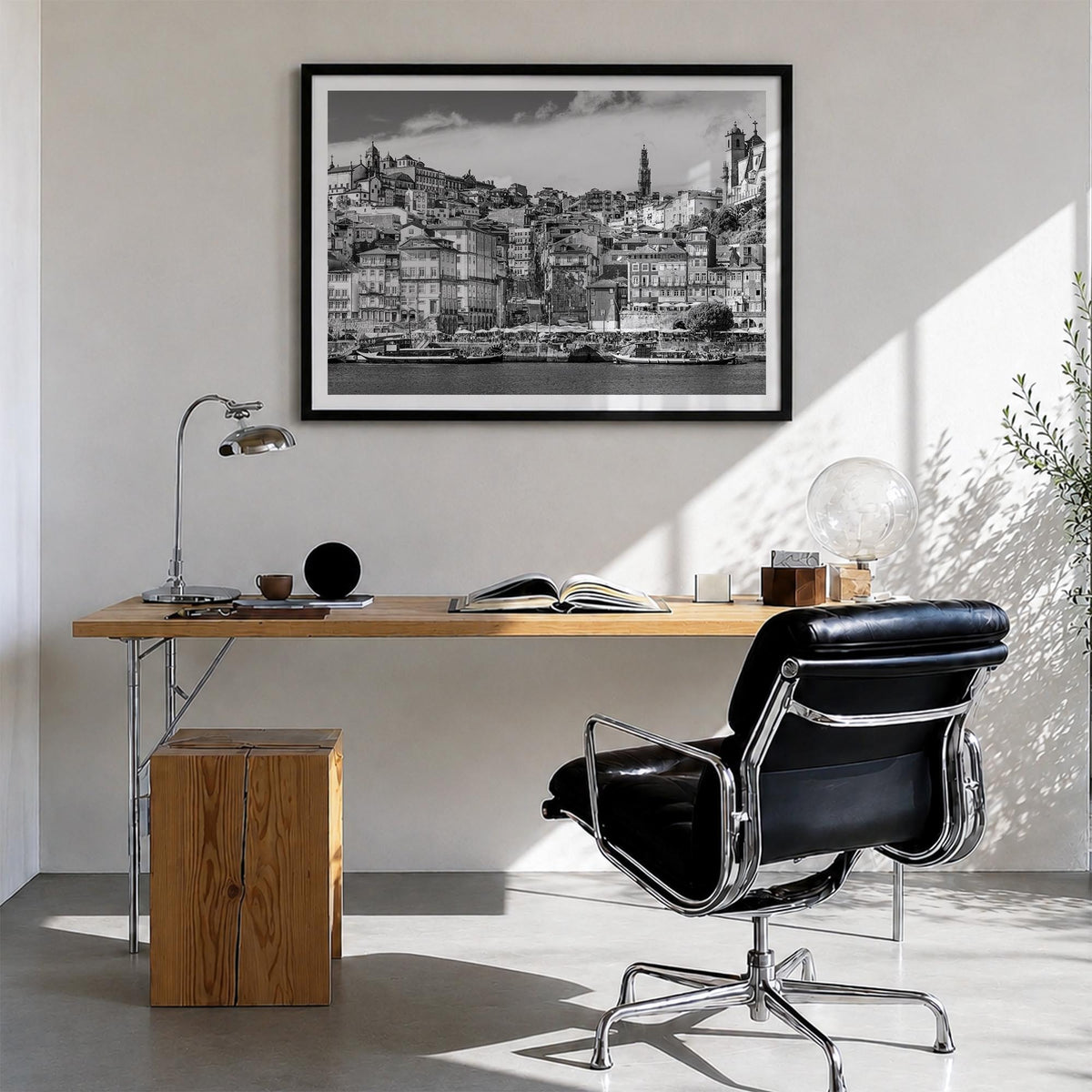 Portugal black & white photo poster of Europe – horizontal wall art in black wood frame with white border, hanging on wall