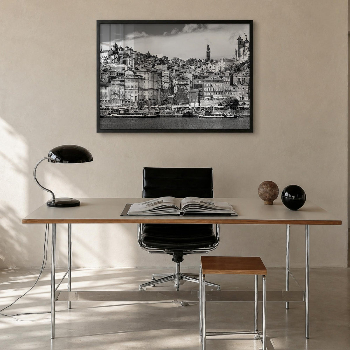 Portugal black & white photo poster of Europe – horizontal wall art in black wood frame, hanging on wall