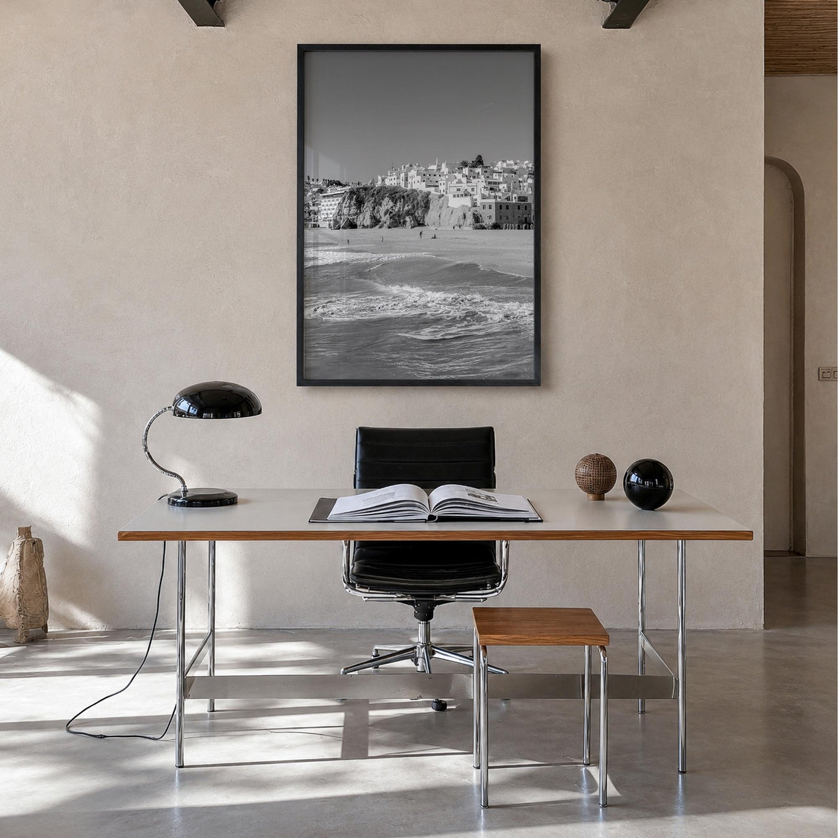 Portugal black & white photo poster of Europe – vertical wall art in black wood frame, hanging on wall