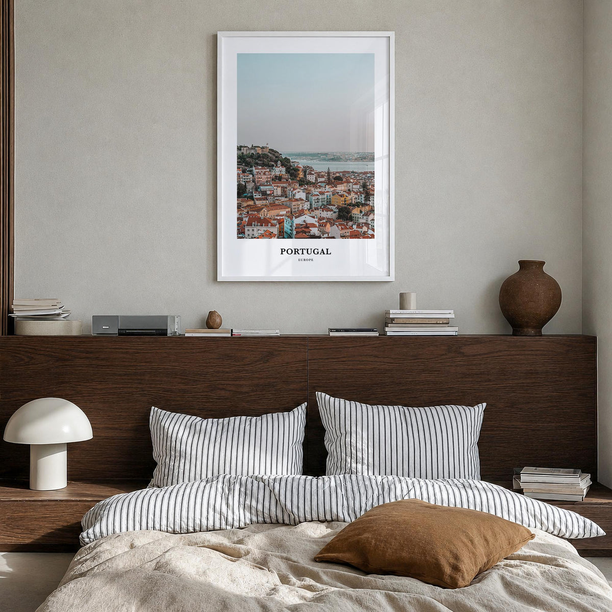 Portugal colorful classic poster of Europe – vertical wall art in white wood frame, hanging on wall