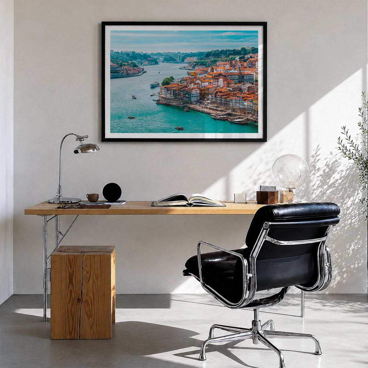 Portugal colorful photo poster of Europe – horizontal wall art in black wood frame with white border, hanging on wall