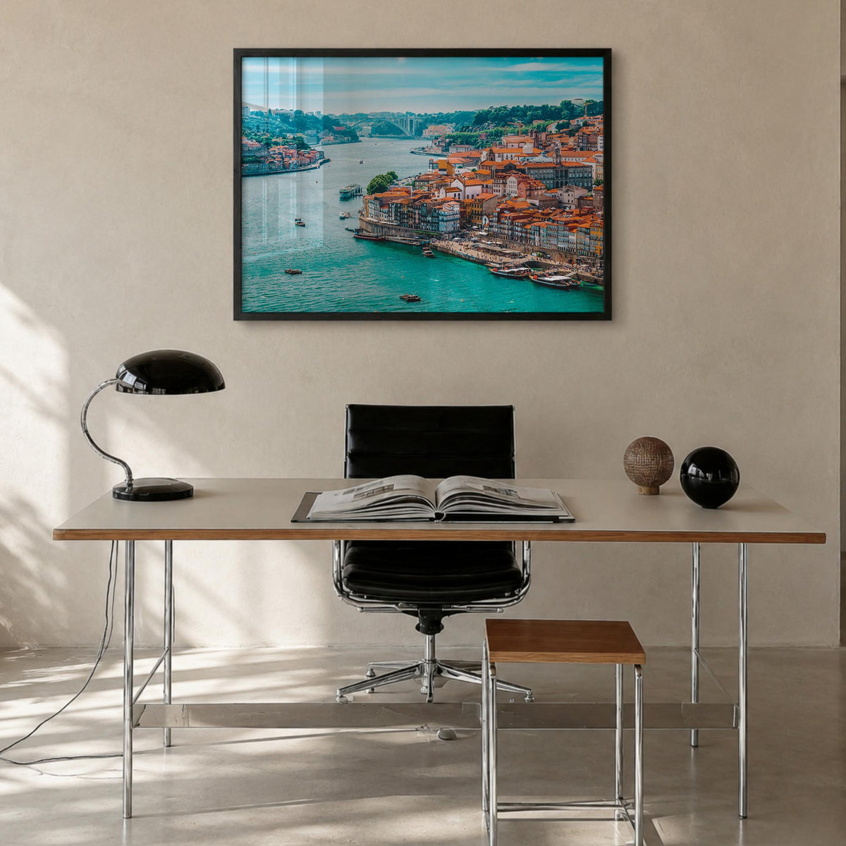 Portugal colorful photo poster of Europe – horizontal wall art in black wood frame, hanging on wall