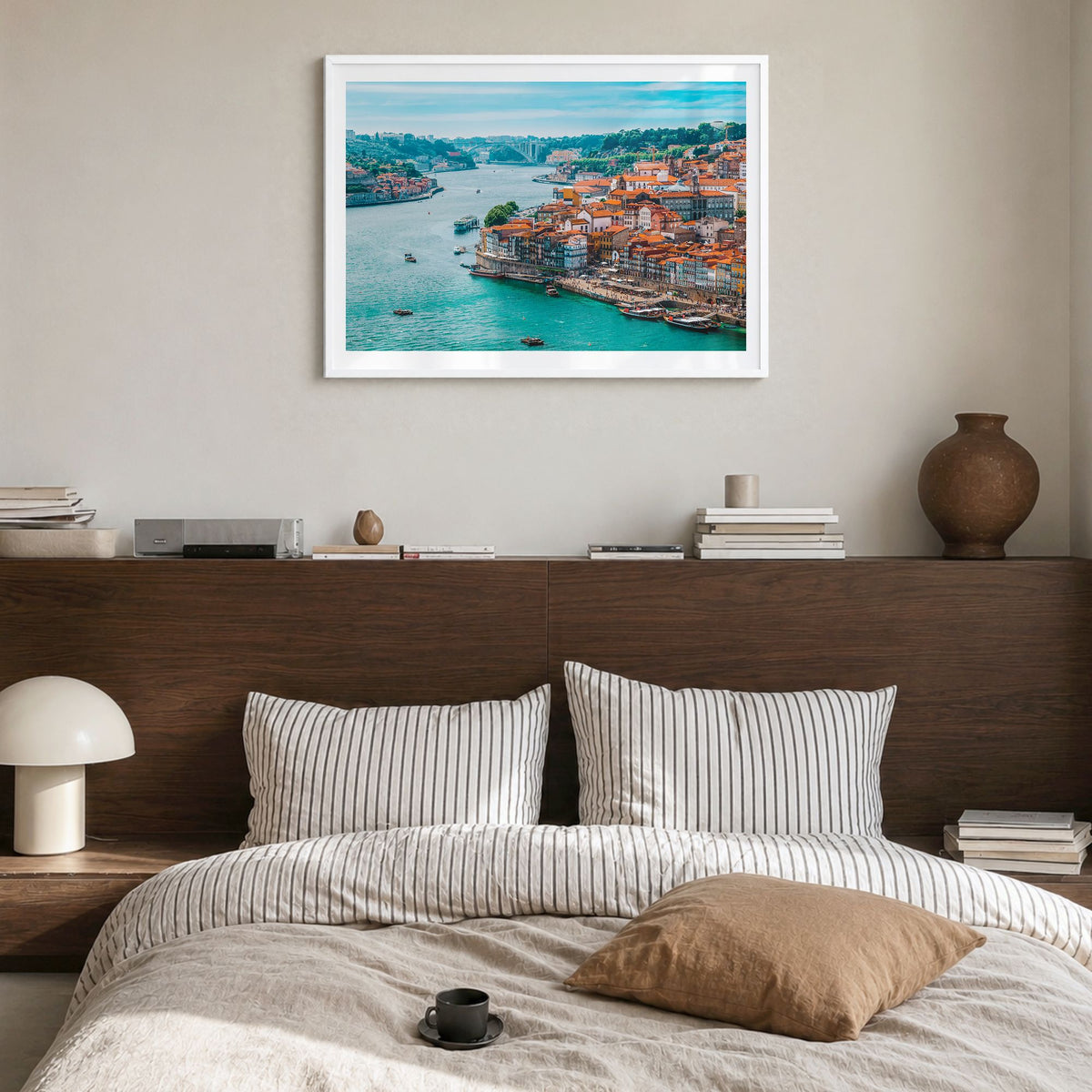 Portugal Photo Poster in a white wood frame, hanging in a bedroom, white border