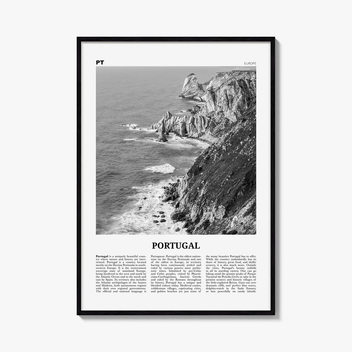 Portugal no. 1 black & white newspaper poster of Europe – vertical wall art, unframed print shown in interior mockup