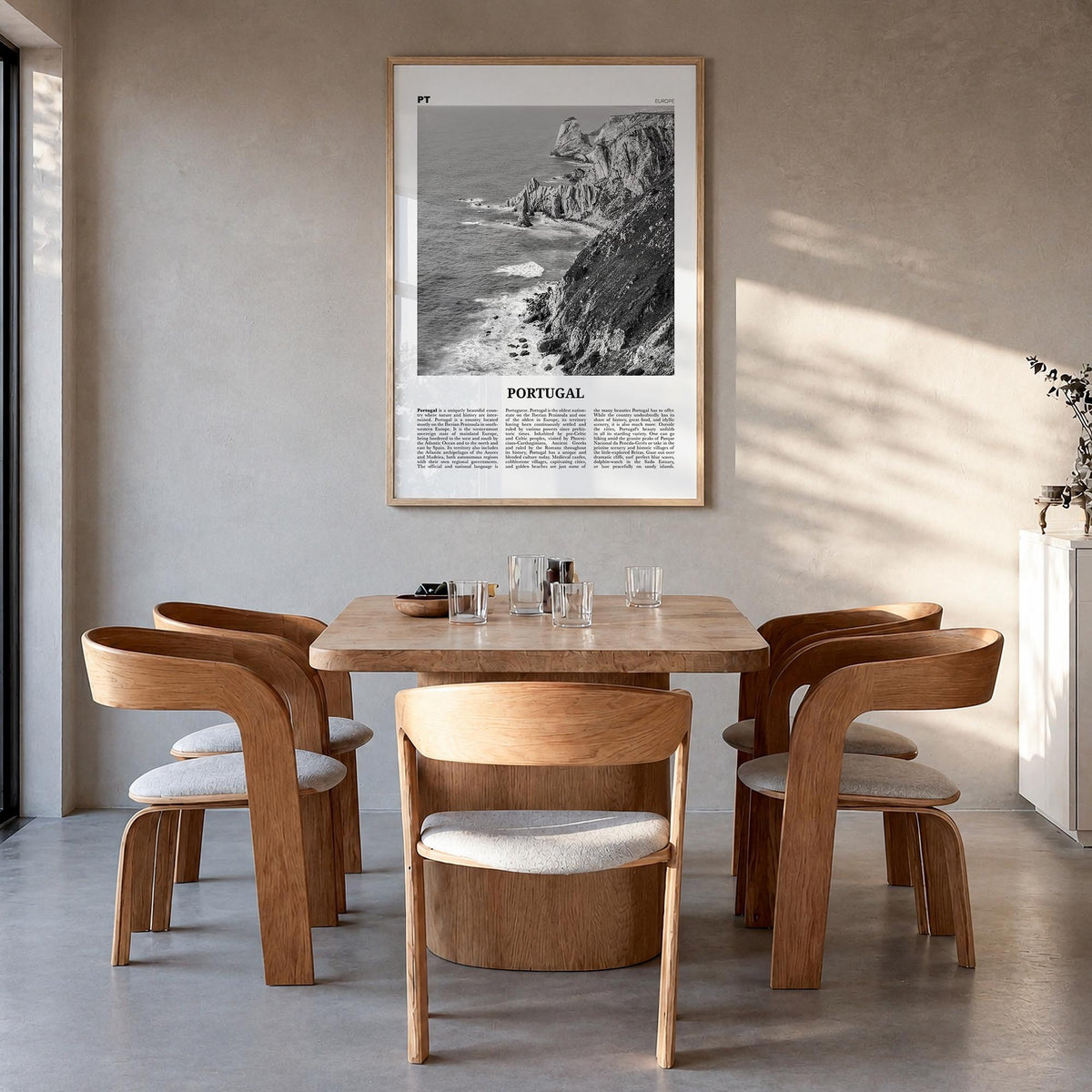 Portugal no. 1 black & white newspaper poster of Europe – vertical wall art in natural wood frame, hanging on wall