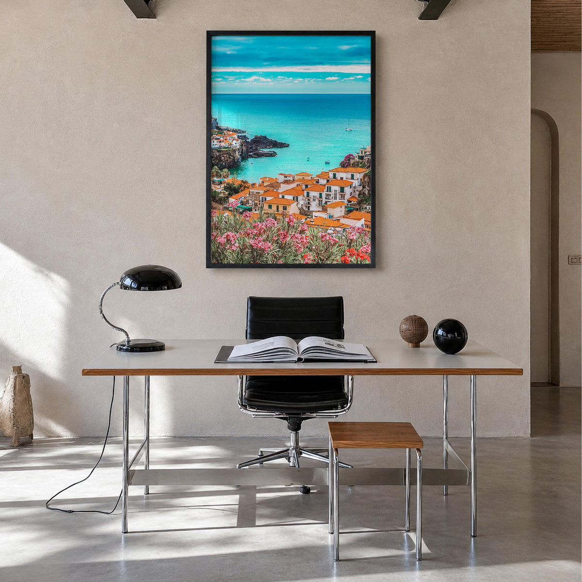 Portugal no. 1 colorful photo poster of Europe – vertical wall art in black wood frame, hanging on wall