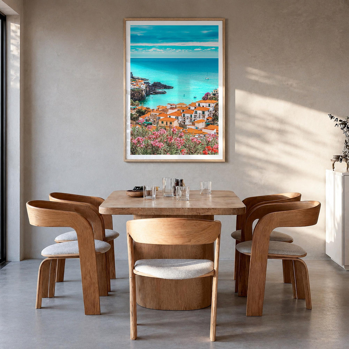 Portugal no. 1 colorful photo poster of Europe – vertical wall art in natural wood frame with white border, hanging on wall