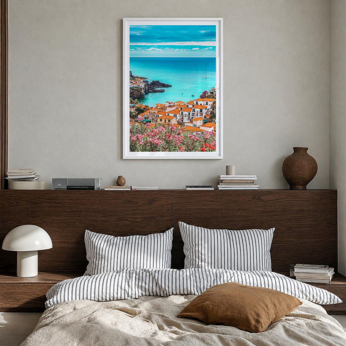 Portugal no. 1 colorful photo poster of Europe – vertical wall art in white wood frame with white border, hanging on wall