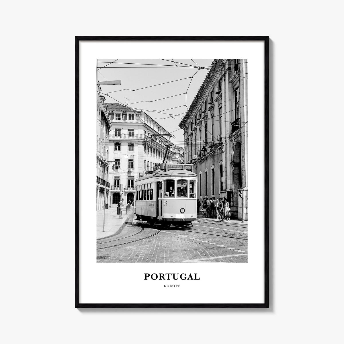 Portugal no. 2 black & white classic poster of Europe – vertical wall art, unframed print shown in interior mockup