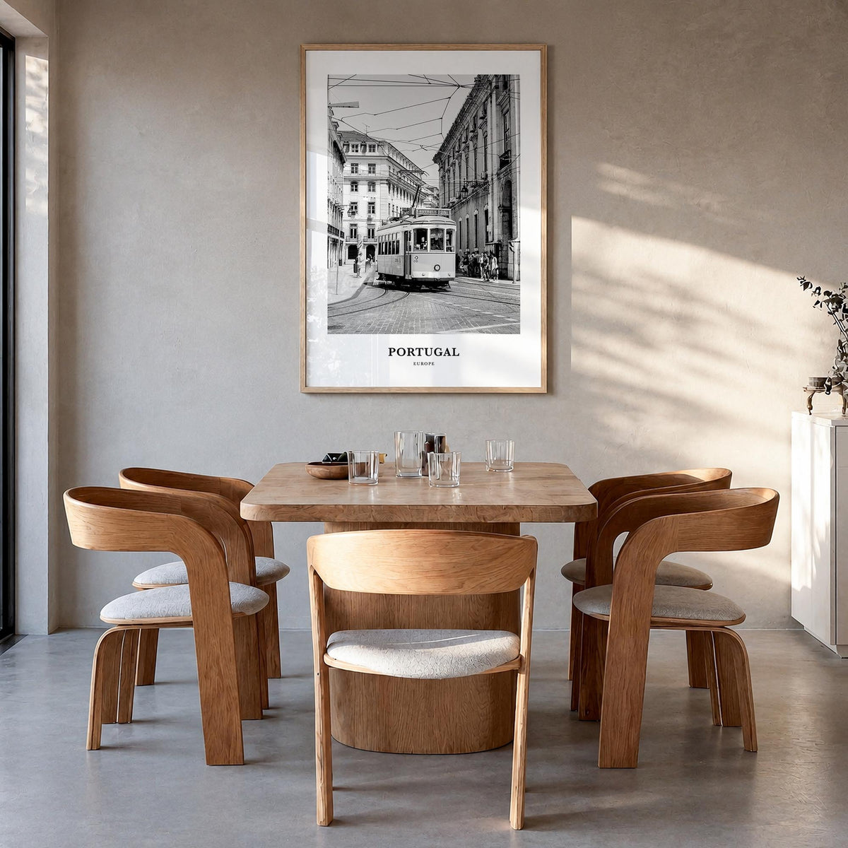 Portugal no. 2 black & white classic poster of Europe – vertical wall art in natural wood frame, hanging on wall