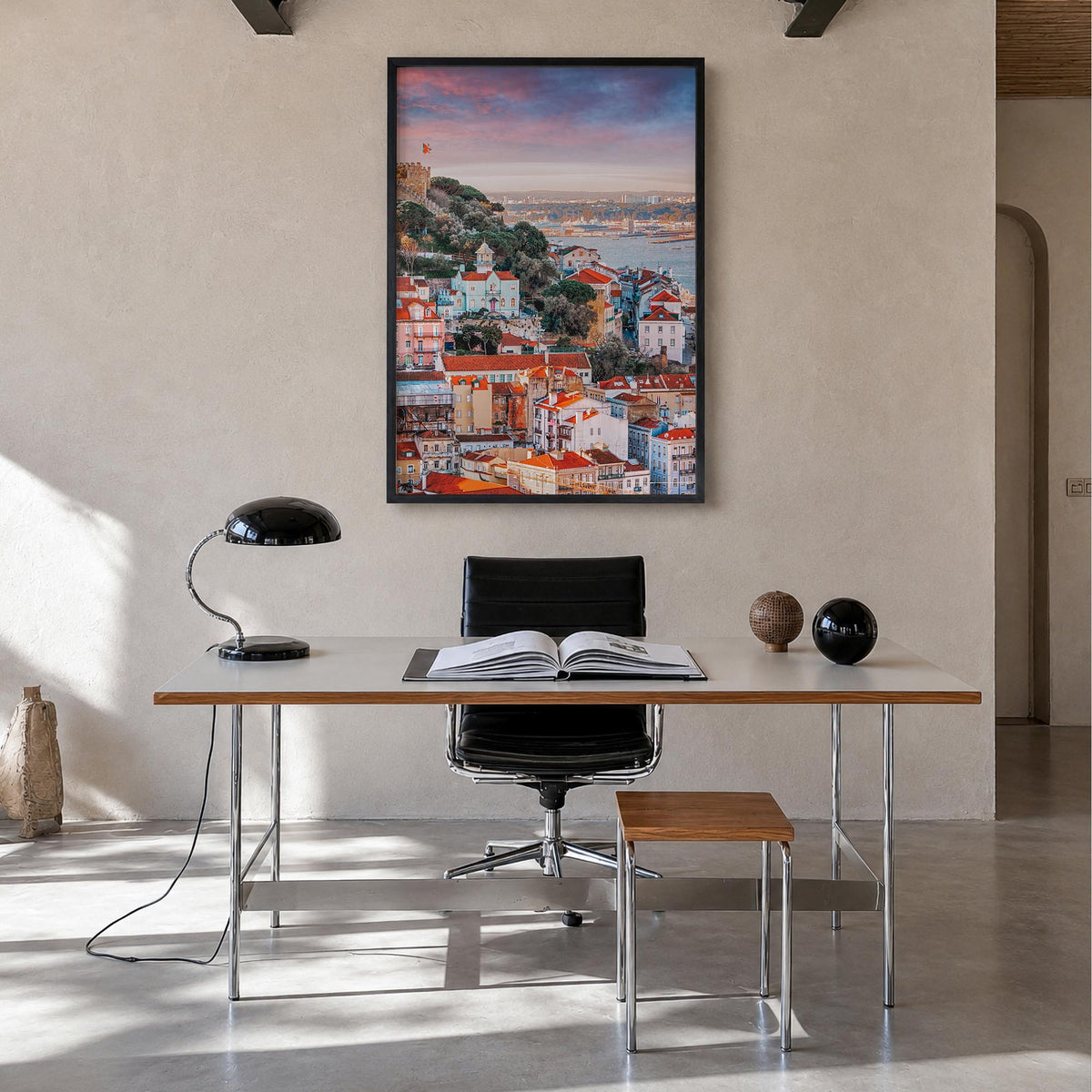 Portugal no. 2 colorful photo poster of Europe – vertical wall art in black wood frame, hanging on wall
