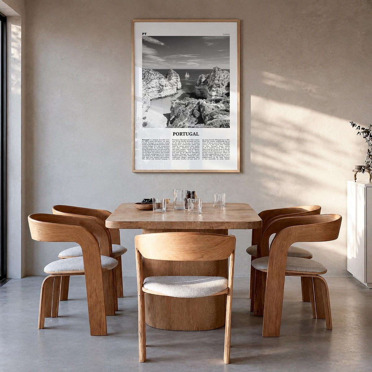 Portugal no. 3 black & white newspaper poster of Europe – vertical wall art in natural wood frame, hanging on wall
