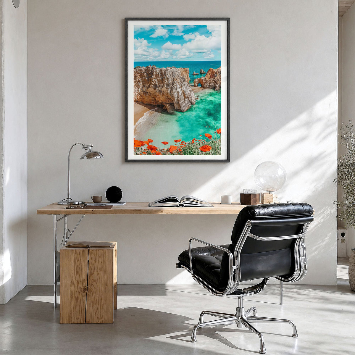 Portugal Photo No 3 Poster in a black wood frame, hanging in a bright home office, white border