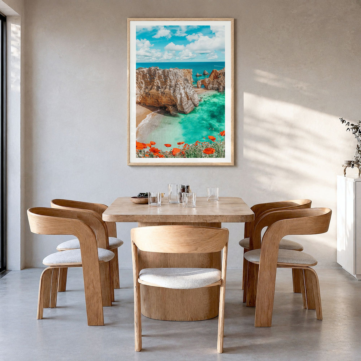 Portugal Photo No 3 Poster in a natural wood frame, hanging in a dining room, white border