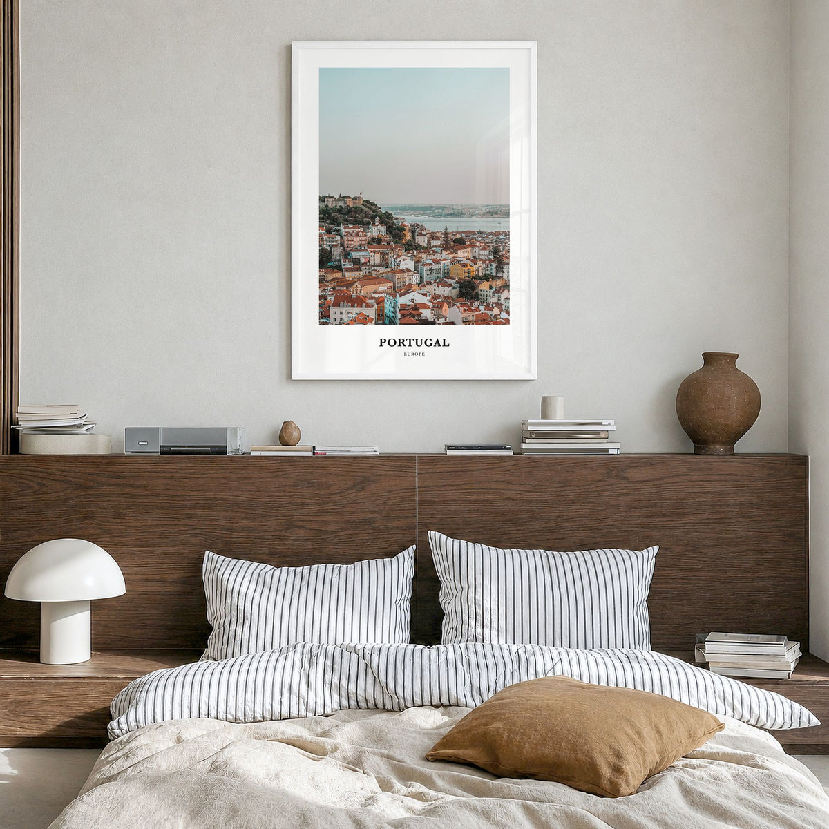 Portugal Classic Poster in a white wood frame, hanging in a bedroom