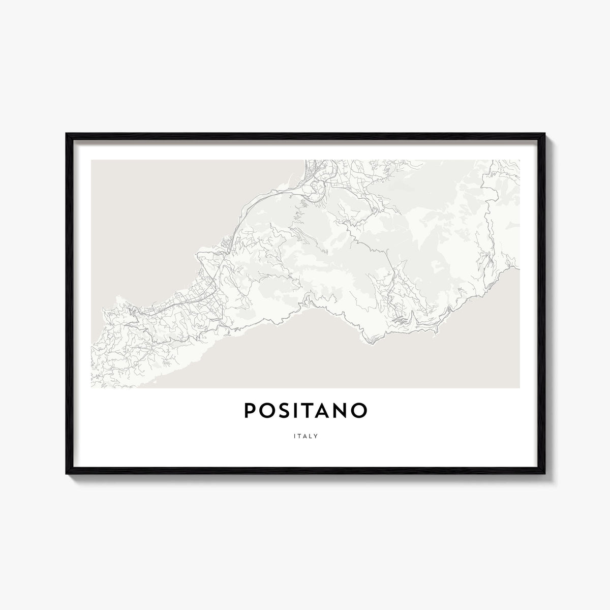 Positano black & white map poster of Italy – horizontal wall art, unframed print shown in interior mockup